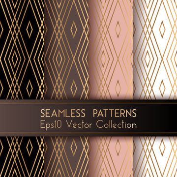Art deco geometric seamless patterns set vector graphic design.