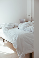 Working home isolation concept. Laptop in bed