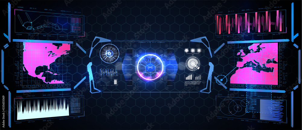 Poster set of elements for the design of interfaces for games and movies of the future, a display for outer