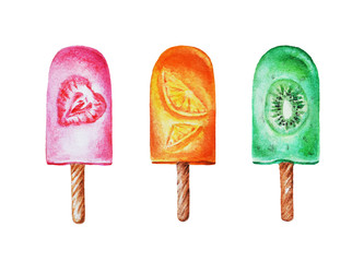 Three watercolor fruit popsicle on a white background. Hand drawn.