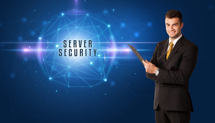 Businessman thinking about security solutions with SERVER SECURITY inscription