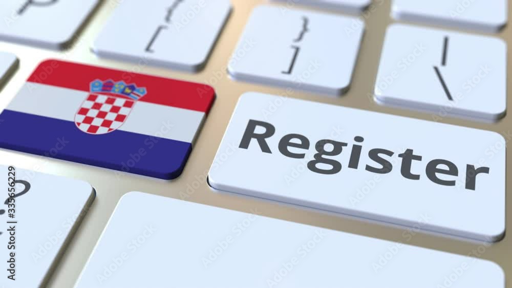 Poster register text and flag of croatia on the keyboard. online services related 3d animation