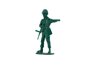 Fototapeta na wymiar Green toy soldiers on white background. Soldier one on six models. (1/6) Picture eight on sixteen viewing angles. (08/16)