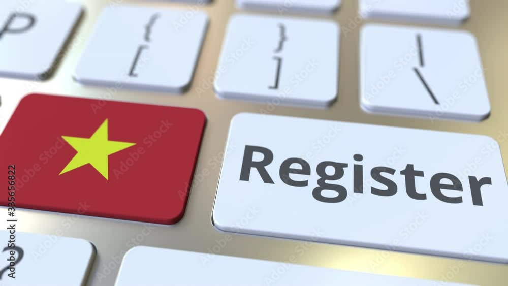 Poster register text and flag of vietnam on the keyboard. online services related 3d animation