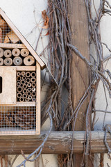 Insektenhotel aus Holz mit Röhren und Gitter vor einer Wand