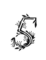 Black silhouette number 5 style tree branches with leaves and berries botanical flowers floral art design element flat vector illustration