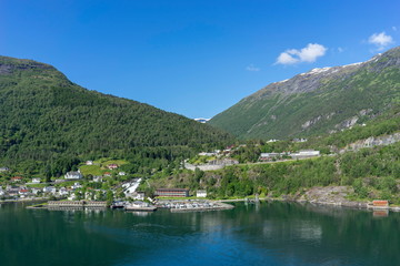Fototapeta na wymiar Village Hellesylt in Geiranger fjord in Norway