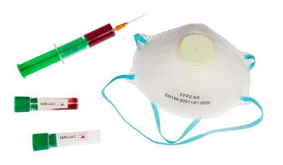 COVID-19 medical diagnostic and protective equipment set isolated on white background. Syringe, respirator or test tube. SARS-CoV-2 positive blood sample. Global pandemic coronavirus disease outbreak.