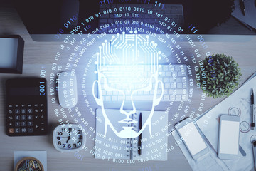 Multi exposure of brain sketch hologram over topview work table background with computer. Concept of big data.