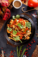 Stir fry chicken, sweet peppers and green beans.