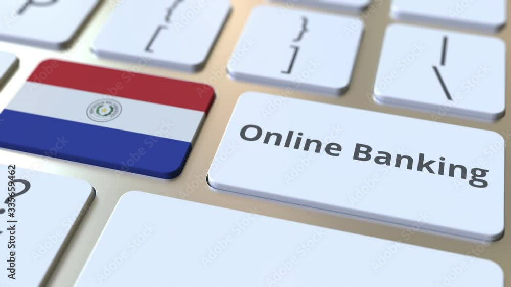 Poster online banking text and flag of paraguay on the keyboard. internet finance related conceptual 3d ani