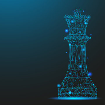 Chess piece queen consisting of points and lines. Low poly wireframe on blue background. Creative minimal concept. Abstract illustration of a starry sky of galaxies. Digital Vector illustration.