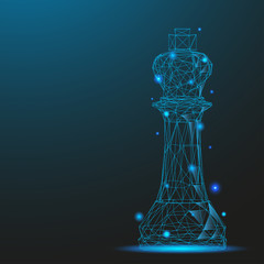 Chess piece king consisting of points and lines. Low poly wireframe on blue background. Creative minimal concept. Abstract illustration of a starry sky of galaxies. Digital Vector illustration.