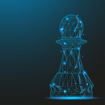 Chess piece pawn consisting of points and lines. Low poly wireframe on blue background. Creative minimal concept. Abstract illustration of a starry sky of galaxies. Digital Vector illustration.