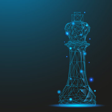 Chess piece king consisting of points and lines. Low poly wireframe on blue background. Creative minimal concept. Abstract illustration of a starry sky of galaxies. Digital Vector illustration.