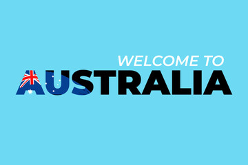 Abstract travel concept for logo, icon, poster, banner, design flag or t-shirt print. Welcome to Australia font with national australian flag stroke on blue background. Vector illustration
