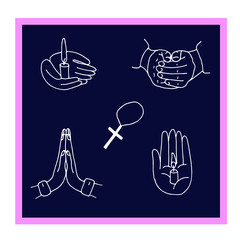 Hands folded in prayer set, candlestick, candelabrum. Preyer christian. Sketch style hand drawn elements. Stock outline vector illustration, isolated on white background.
