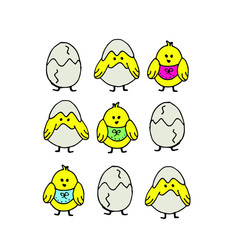 Easter chickens and eggs, Easter elements, sketch style hand drawn elements. Stock colorful outline vector illustration, isolated on white background.