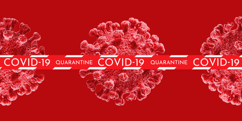 Background for asian flu outbreak and coronaviruses influenza concept. White "COVID-19 quarantine" letter  tape with COVID-19 virus on red background. 3d rendering illustration.