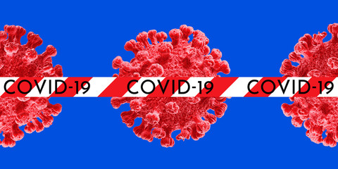 Background for asian flu outbreak and coronaviruses influenza concept. Black "COVID-19" letter quarantine tape with COVID-19 virus on blue background. 3d rendering illustration.