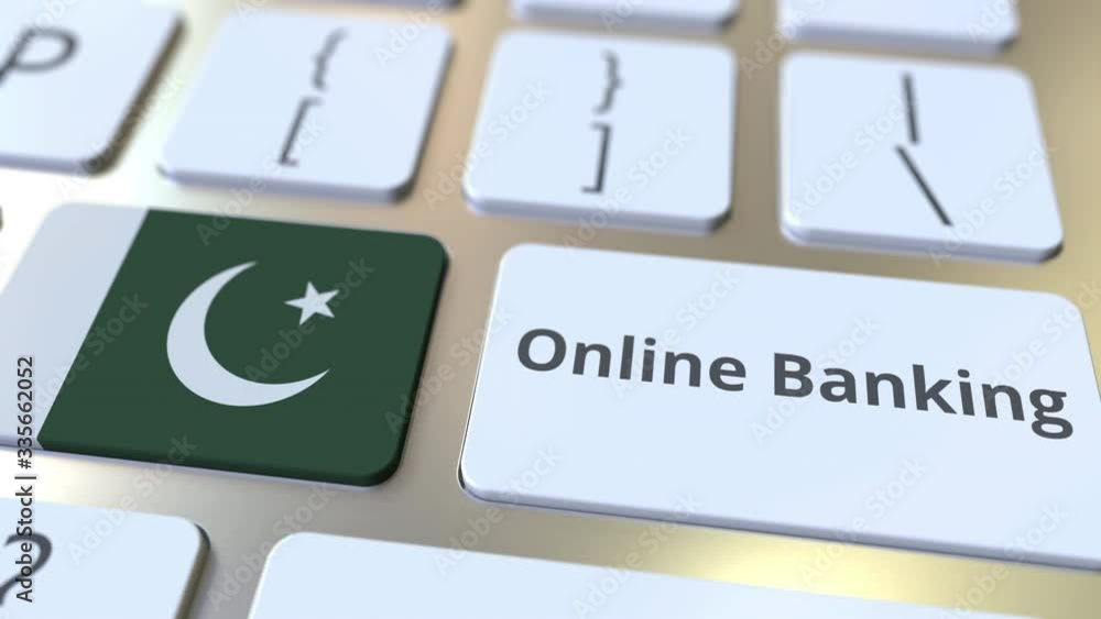 Poster online banking text and flag of pakistan on the keyboard. internet finance related conceptual 3d ani