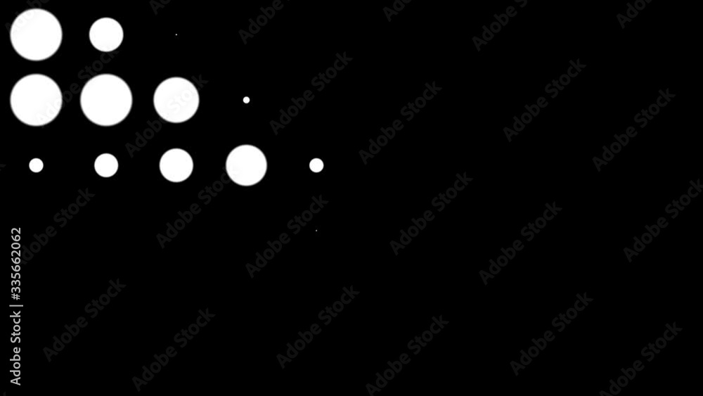 Poster seamless halftone white dots randomly appear and disappear in motion at black background.