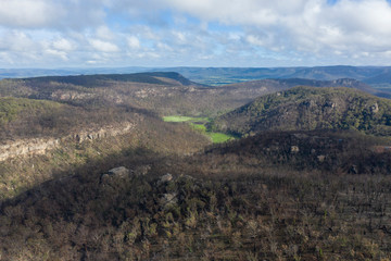 A forest valley affected by bush fire in The Blue Mountains in Australia