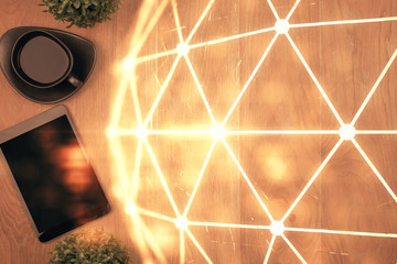 Double exposure of social network theme drawing over table with phone. Top view. People connecting concept.