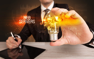 Businessman holding lightbulb with WEB SERVERS inscription, Business technology concept