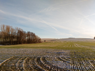 Reste vom Schnee im Fr&uuml;hling auf dem einsamen Feld