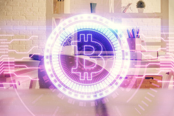 Obraz premium Double exposure of crypto technology theme drawing and office interior background. Concept of blockchain.