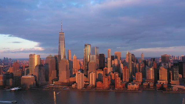 4K Aerial photograph of New York with the Hudson Rivers at Sunset, Manhattan financial District