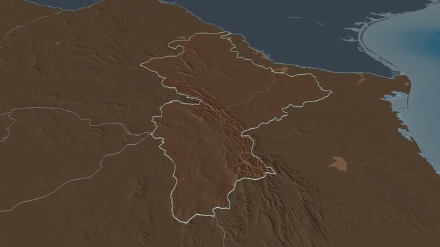 Nuevo León, state with its capital, zoomed and extruded on the administrative map of Mexico in the conformal Stereographic projection. Animation 3D