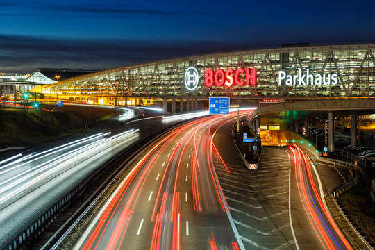 Traffic Autobahn A8 highway Messe Stuttgart fair exhibition motion blur Bosch Parkhaus parking garage