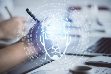 Double exposure of brain drawing over people taking notes background. Concept of Ai