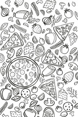 Italian black white food illustration with pizza, bacon, salami, cheese, tomato, mushrooms, strawberry, onion, garlic.