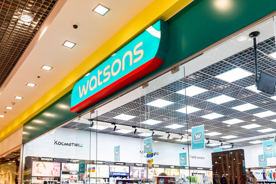 Rivne, Ukraine - January 4, 2020: Ukrainian Rovno city inside famous Ekvator Equator shopping mall center in downtown with sign for Watsons drugstore shop
