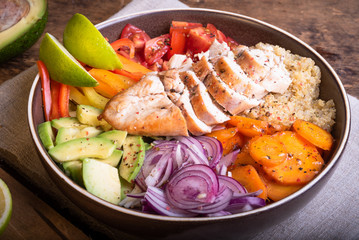 American delicious salad with chicken breast, vegetables, avacado, lettuce and quinoa in a plate on a wooden table