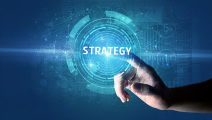 Hand touching STRATEGY button, modern business technology concept