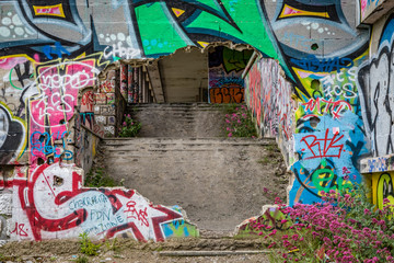 A huge hole in a graffiti covered wall leads to dirt steps with some wild flowers in the front of...