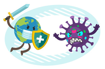 Cartoon Coronavirus Character versus Planet Earth Character. The Planet Earth is fighting against the coronavirus.