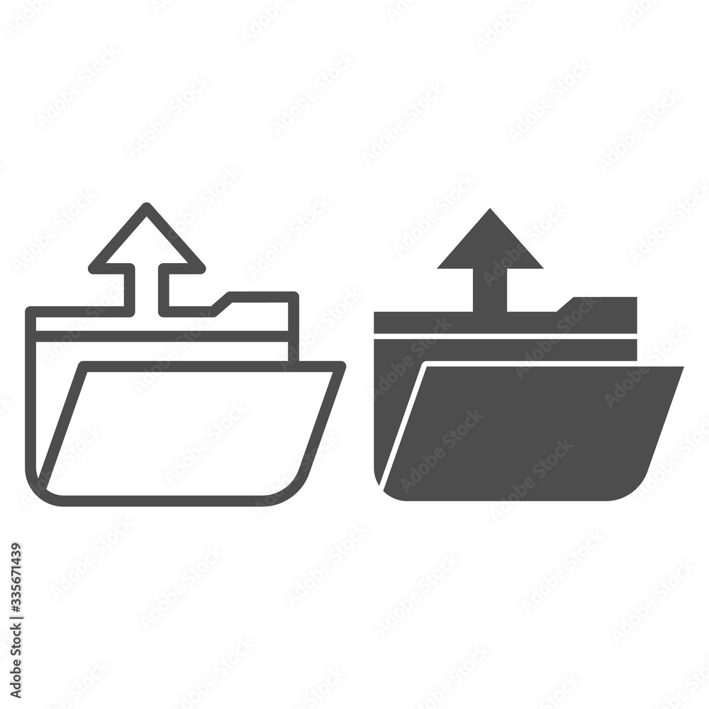 Poster folder extraction line and glyph icon. opened document file torage with up arrow symbol, outline sty