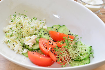 food, salad with vegetables, cottage cheese and micro grill in a deep plate