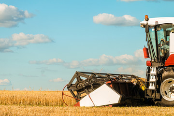 Cutter platform at work. Reaping machine. Side view combine harvester.