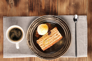 chocolate cake with ice cream tasty dessert with dessert spoon closeup