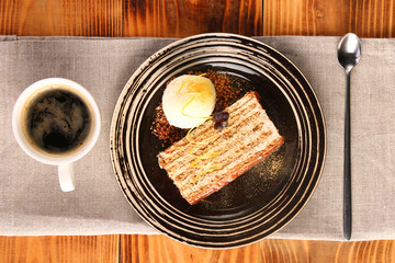 chocolate cake with ice cream tasty dessert with dessert spoon closeup