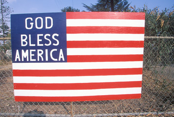 Wooden American Flag on Chain Link Fence, Santa Paula, California