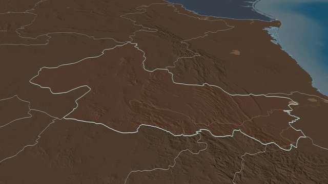 San Luis Potos&iacute;, state with its capital, zoomed and extruded on the administrative map of Mexico in the conformal Stereographic projection. Animation 3D