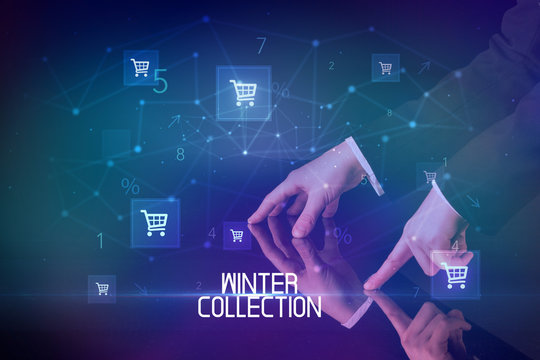 Online shopping with WINTER COLLECTION inscription concept, with shopping cart icons