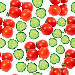 Seamless pattern tomatoes and cucumbers on a white background. Layout